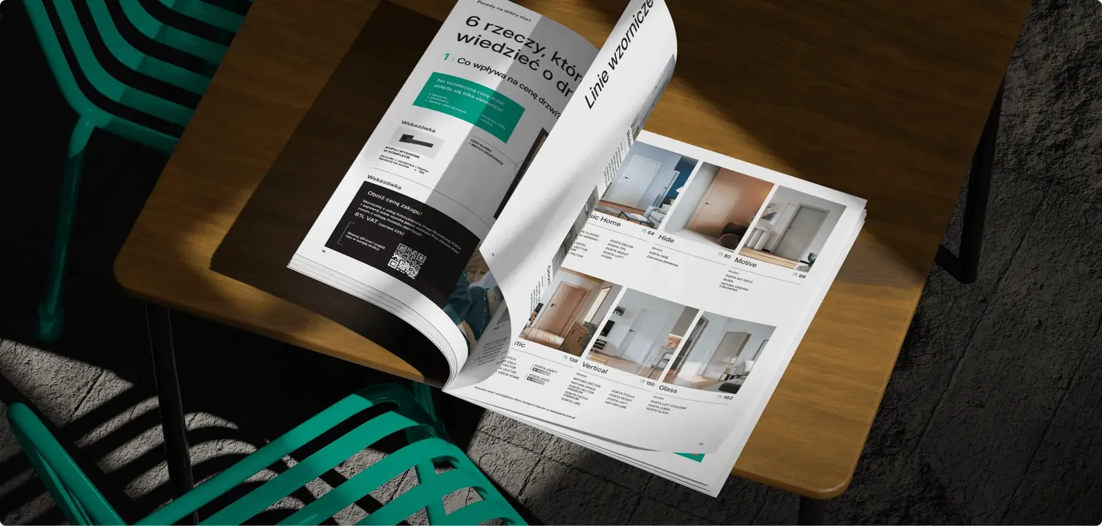 Otwarty katalog Porty na stole: rozkładówka z wnętrzem i drzwiami w nowym systemie marki.