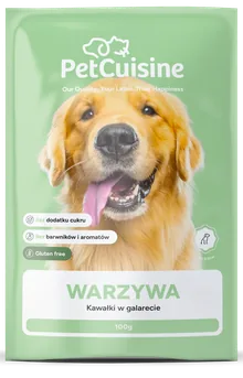 Saszetka PetCuisine, smak warzywa: pies na zielonym tle.