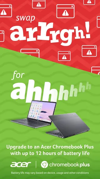 Plakat cyfrowy Chromebook Plus „Swap arrgh for ahhh”.