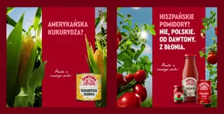 Dwa posty Dawtony z hasłami kampanii na bordowym tle.