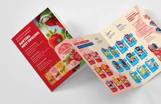 Rozłożona ulotka musów owocowych Dawtona z siatką produktów.