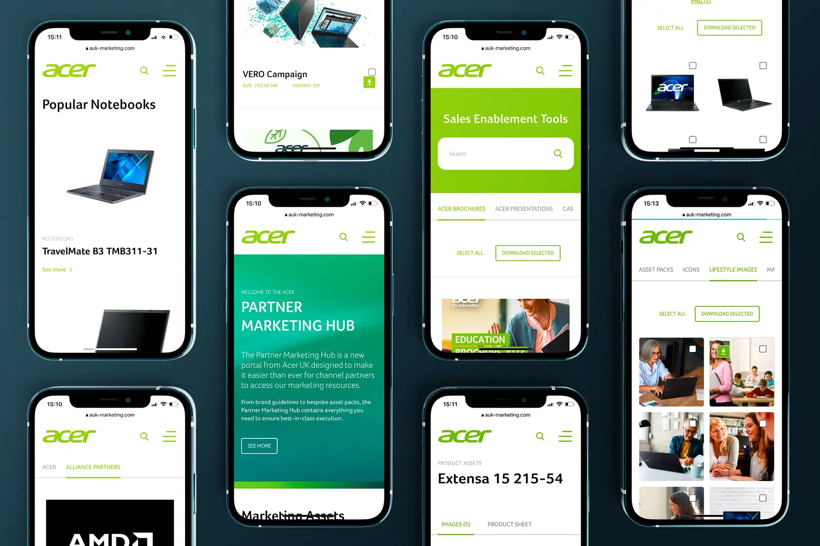 Portal Acer Partner Marketing Hub na ekranach kilku telefonów.