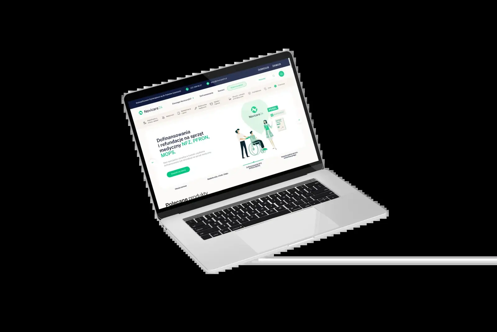 Projekt sklepu Novicare24 z dofinansowaniami na pierwszym planie, na laptopie.