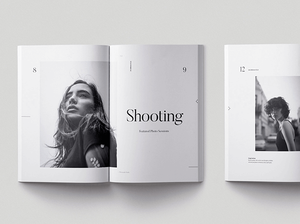 Rozkładówka albumu „Shooting” z czarno-białymi portretami kobiet