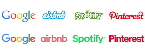 Dawne (u góry) i obecne (u dołu) logotypy Google, Airbnb, Spotify i Pinterest