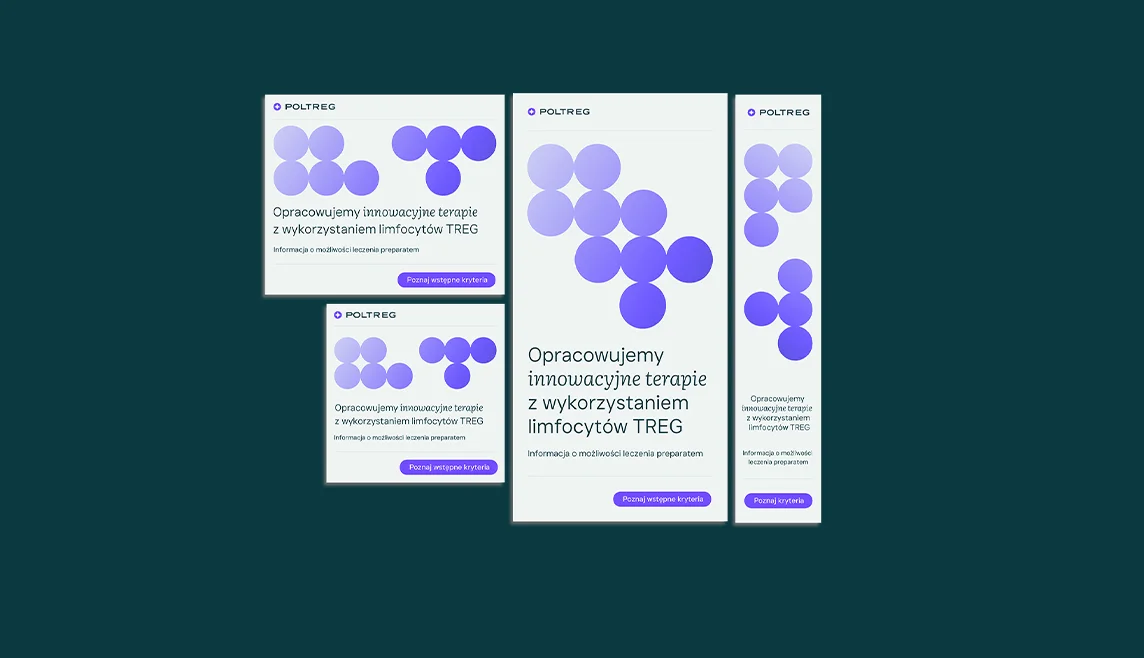Banery reklamowe PolTREG w czterech formatach z literą P z kół i przyciskiem „Poznaj wstępne kryteria”