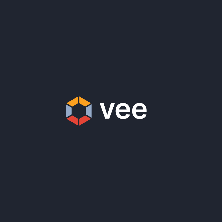 Logo Vee: sześciokątny sygnet w kilku kolorach i napis na grafitowym tle.