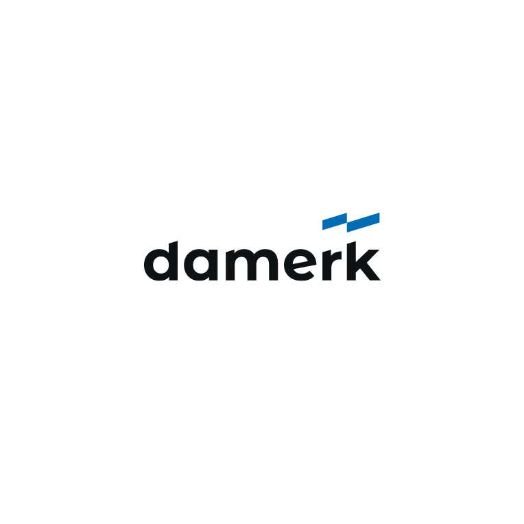Logo Damerk: czarny napis z niebieskim akcentem nad literą k.