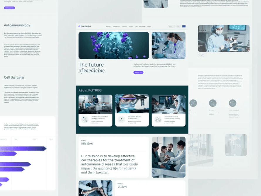 Strona PolTREG: nagłówek „The future of medicine” i podstrony o terapiach komórkowych