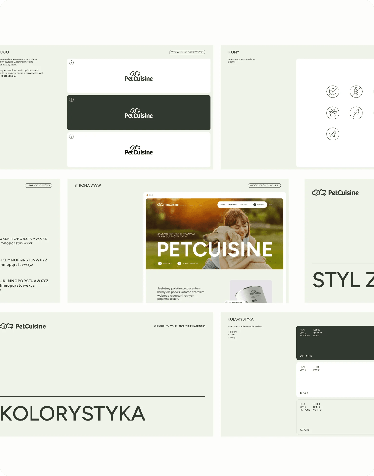 Plansze z księgi znaku PetCuisine: logo, kolorystyka i zdjęcia marki